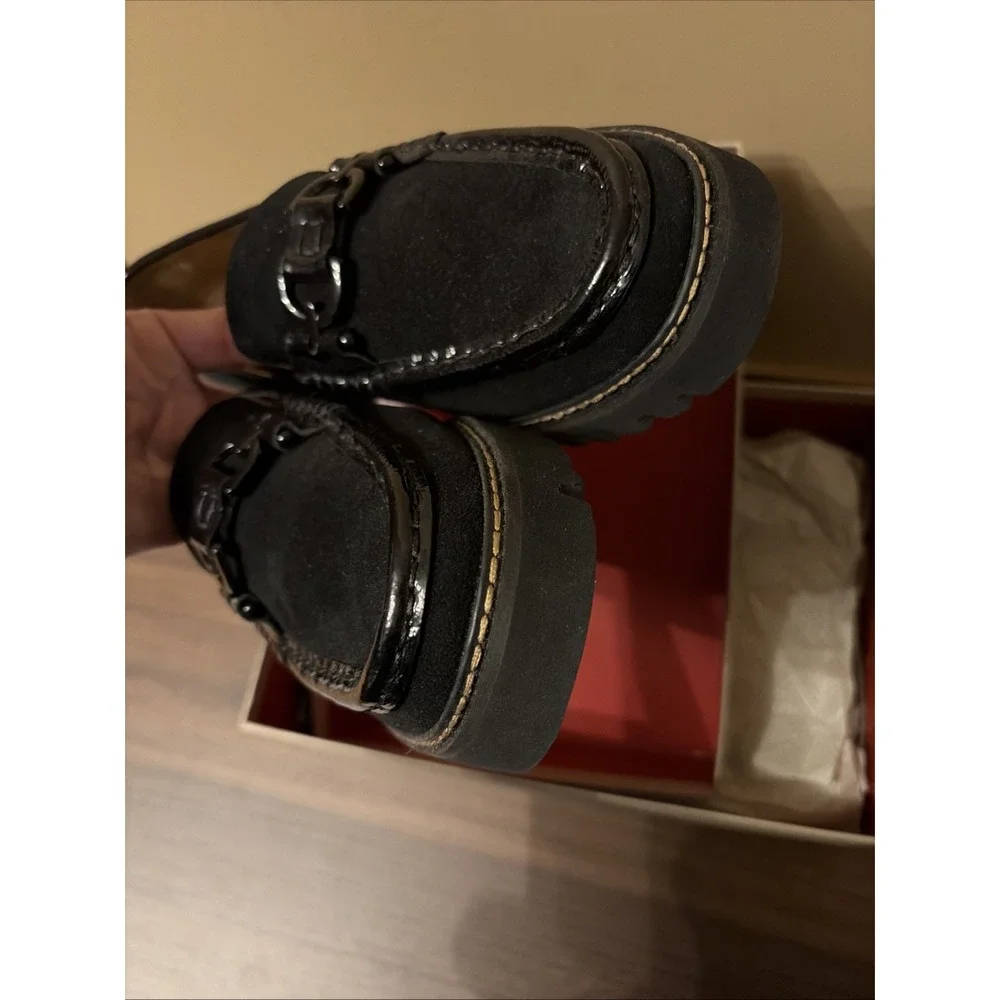 Donald Pliner 10 M Helioc Black Suede Patent Loafers Bit Lug Platform Shoe New